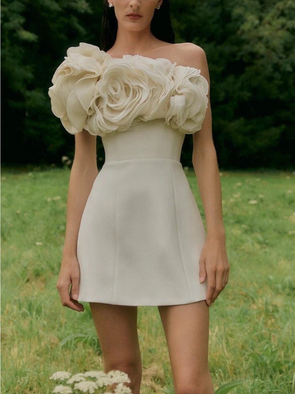 Rachel Gilbert One-Shoulder Ivory Floral Appliqué Mini Dress